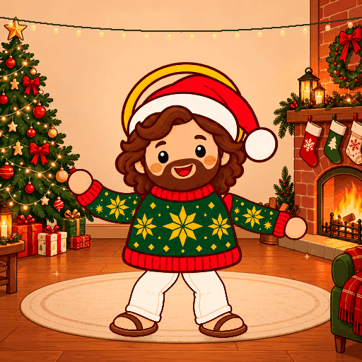 Little Jesus dances in a cozy Christmas room