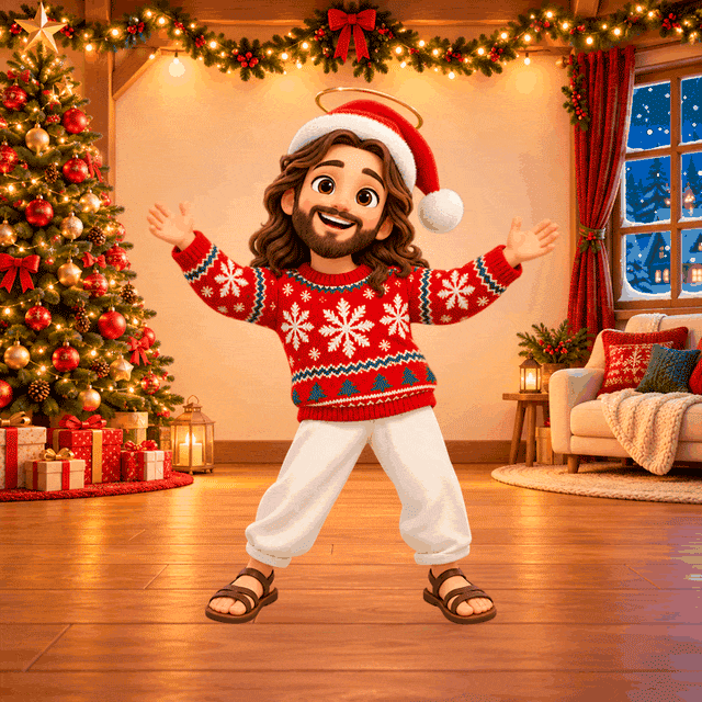 Jesus dances beside a glowing Christmas tree