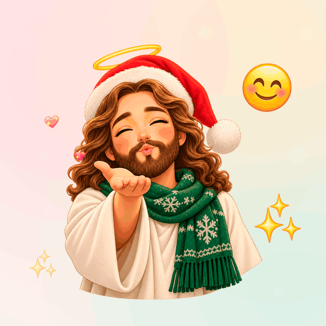 Jesus blows a kiss with floating hearts