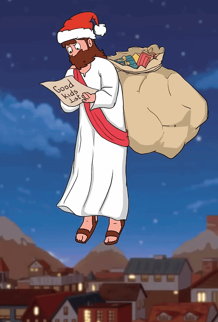 Jesus carries Christmas gifts across snowy rooftops