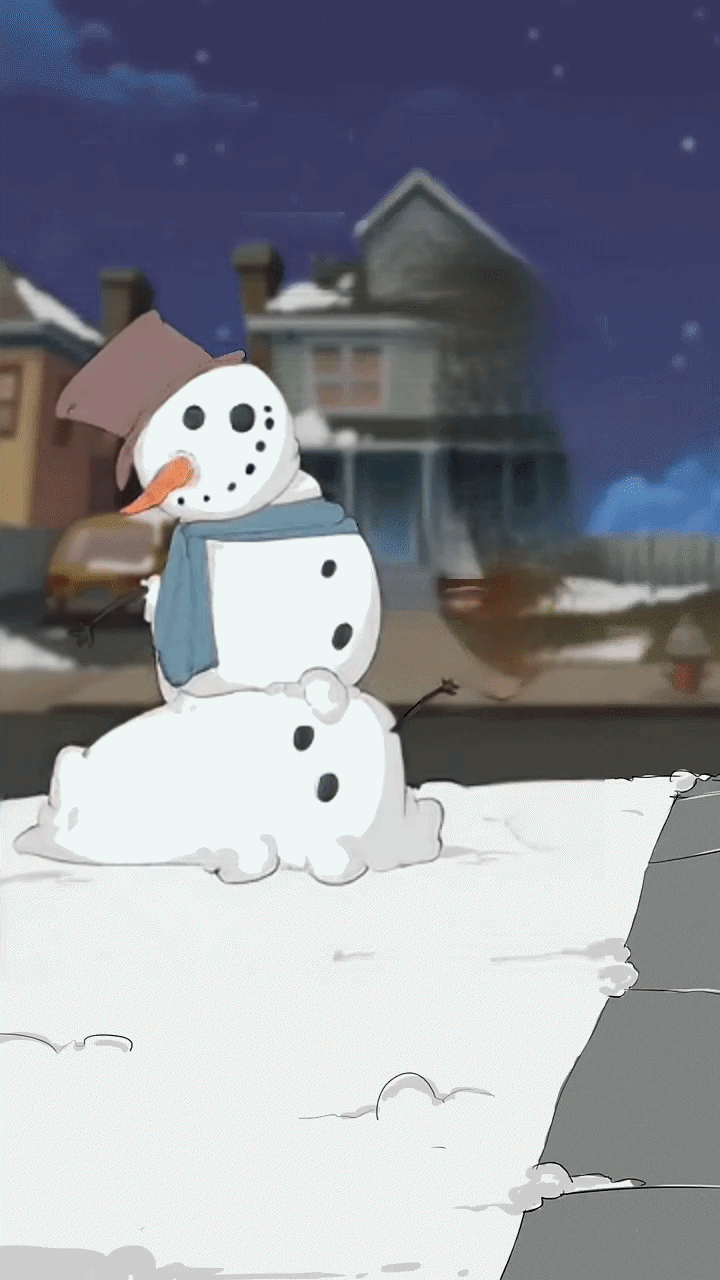 Jesus meets a snowman outside a snowy house