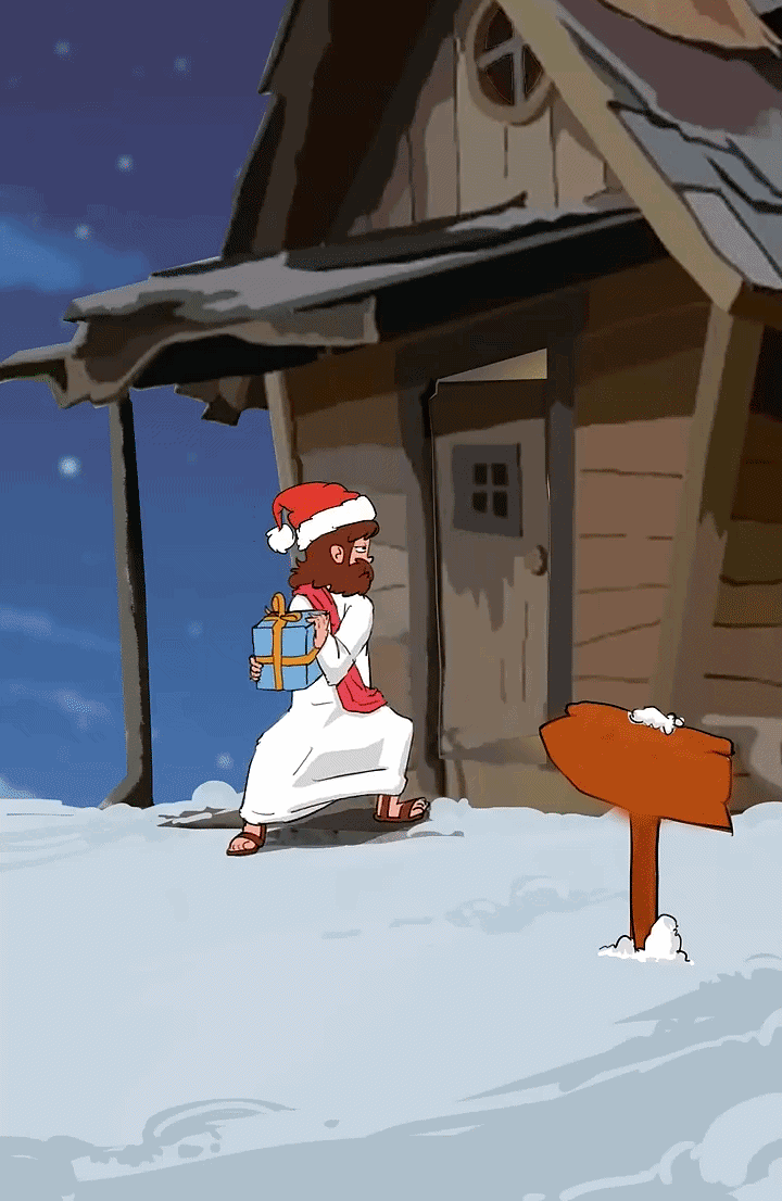 Jesus delivers a Christmas gift to the doorstep