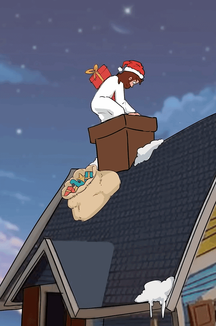Jesus heads down the chimney with Christmas gifts