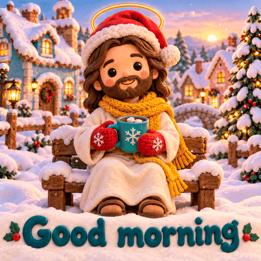Cute cartoon Jesus sitting with hot cocoa outside on a gorgeous snowy landscape