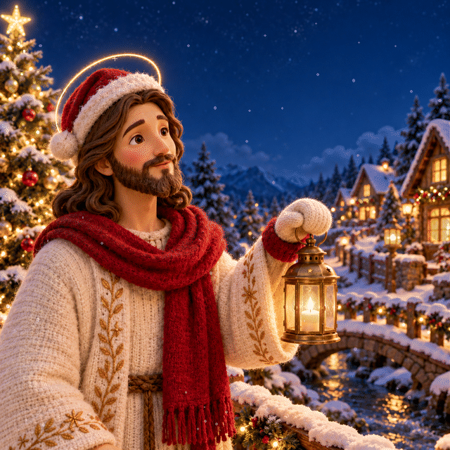 Jesus lights a snowy Christmas night with a lantern