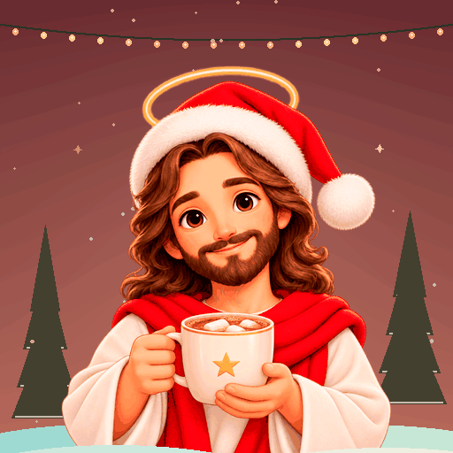 Jesus warms up with cocoa on a snowy evening