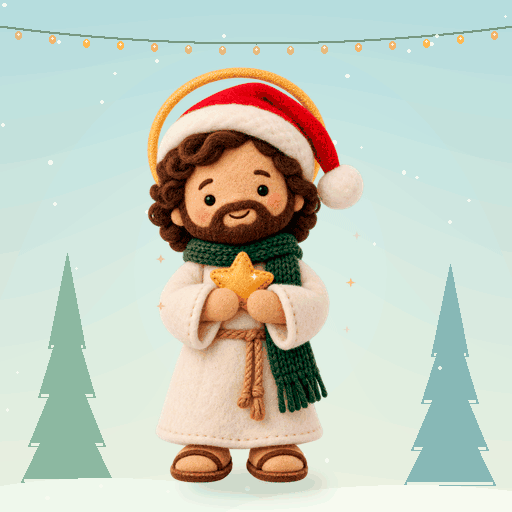 Plush Jesus hugs a golden Christmas gift